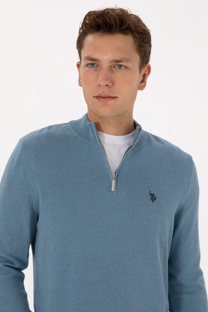 U.S. Polo Assn. Erkek Slim Fit Yarım Fermuarlı Mavi Basic Kazak 50313695-VR251