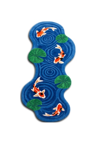 Sdt Japon Balığı Desenli Dalgalı Form Mavi Modern Dokuma Taban Dekoratif Halı Sdt883 Çok Renkli