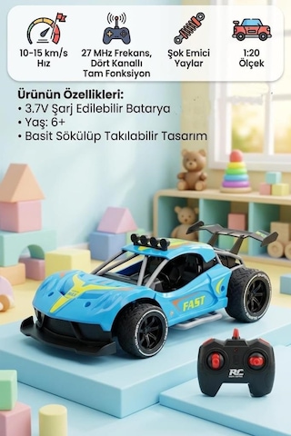 Super Speed Racing 1:20 Ölçekli Şarjlı Uzaktan Kumandalı Araba - 4 Kanallı Yarış Arabası Mavi