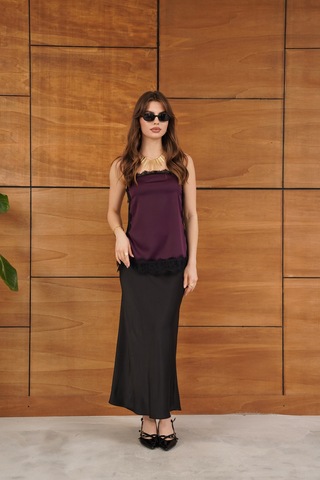 Verymoda Dantel Detaylı Askılı Saten Tunik - D2931 Mürdüm