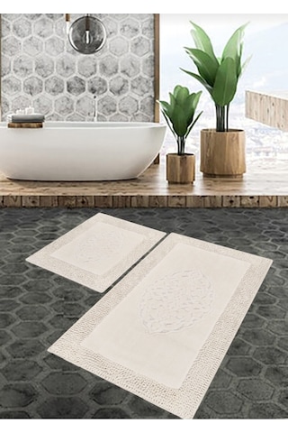Cotton Special 2'li Osmanlı Desen Pamuklu Klozet Takımı Krem 60 x 100 / 50 x 60 CM Krem