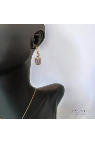 Lila Baget Taşlı Kolye&küpe Set - Altın Lila