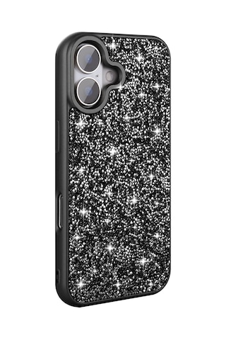 Apple Uyumlu iPhone 16 Plus Kılıf Parlak Taşlı Tasarım Uzrm Pırlanta Kapak - Siyah Siyah