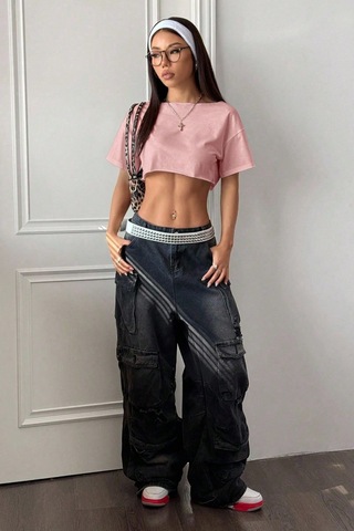 Cool Tarz Kadın Pembe Kayık Yaka Oversize Crop T-shirt Pembe Pembe