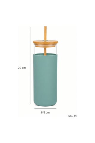 Bambu Pipetli Cam Bardak 550 Ml Silikon Kılıflı Kahve Bubble Tea Ve Su Şişesi - Yeşil