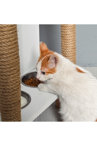 Tahta Karınca Minimalist Mobilya Kedi Evi Mama Kabı Tırmalama Halatlı