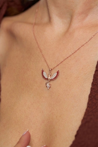 925 Ayar Gümüş Zümrüdüanka Kuşu Kolye - Rose Gold Kaplama Kırmızı Mineli Kadın Kolye Rzn10364 Gümüş