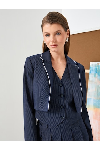 Koton Crop Blazer Ceket Biye Detaylı Lacivert Çizgili 4sak50095uw Lacivert Çizgili Lacivert