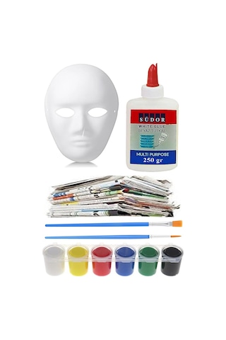 Karton Maske Yapım Seti 1 Adet Karton Maske Beyaz Tutkal Eski Gazete Akrilik Boya Resim Fırçası Kağıt Hamurundan Maske