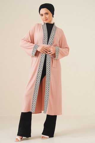 Bigdart 5865 Nakışlı Örme Uzun Kimono - Pudra 001