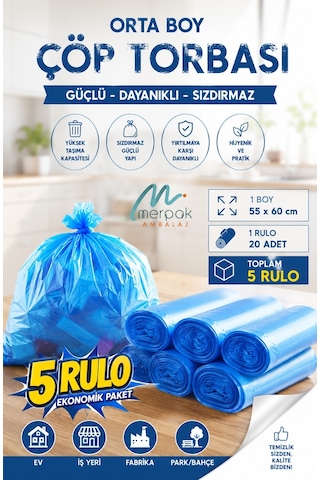Çöp Torbası Orta Boy 20'li X 5 Rulo Mavi Çöp Poşeti 55x60 Cm