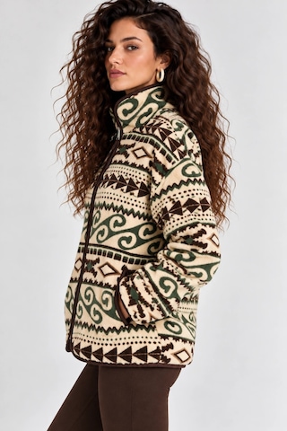 Mevese Esenli Dik Yaka Cepli Biyeli Kadın Polar Sweatshirt - Krem-yeşil
