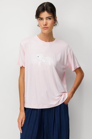 On At Baskılı Sıfır Yaka Tişört T-shirt Pembe