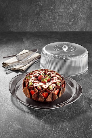 Akrilik Barok Füme 4 Parça Kek Fanus & Kek Saklama Kabı & Şık Sunum Organizeri Füme