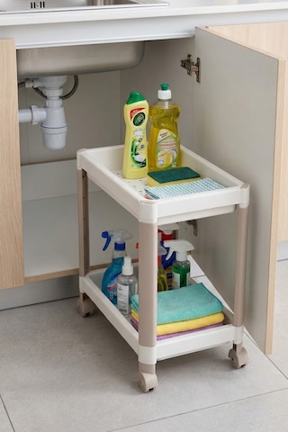 2 Katlı Tekerlekli Tezgah Altı Raf Düzenleyici Organizer, Banyo Lavabo Altı Düzenleyici "antrasit" Beyaz