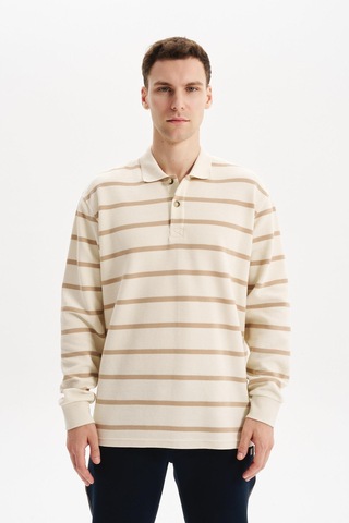 AR-MA Arma Erkek Büyük Beden Çizgili %100 Pamuk Ringel Ottoman Kumaş Polo Yaka Ribanalı Sweatshirt K30554801602 Ekru