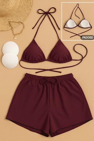 Angbutik Kadın 3'lü Set Bordo Şortlu Ve Yandan Bağlamalı Bikini Mayo Takımı
