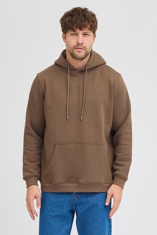 Erkek Kahverengi Standart Fit Normal Kesim Içi Polarlı 3 Iplik Kapüşonlu Pamuklu Sweatshirt Kahverengi