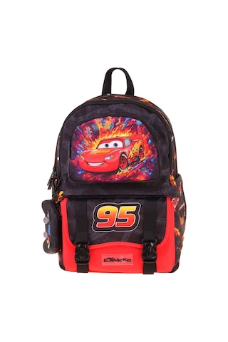 Kaukko Kids Dört Bölmeli Erkek Çocuk Yarış Arabası Baskılı Kırmızı - Siyah Okul Sırt Çantası - L5399