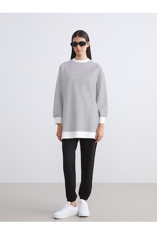 Lcw Modest Siyah Büyük Beden Bisiklet Yaka Çizgili Kadın Sweatshirt Tunik