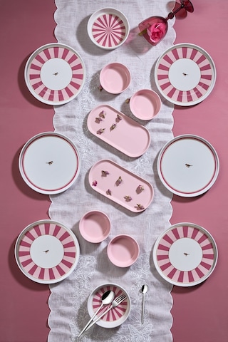 Kitchen Life 14 Parça 6 Kişilik Lovely Birds Kahvaltı Takımı-lüx Kahvaltılık Sunum Seti Tabağı Pembe