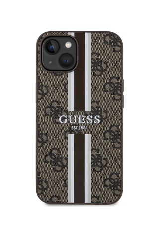 Apple Uyumlu iPhone 14 Kılıf Guess Lisanslı Magsafe Şarj Özellikli 4g Şerit Tasarımlı Printed Kapak Kahverengi