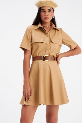 Sateen Kloş Mini Deri Etek - Bej