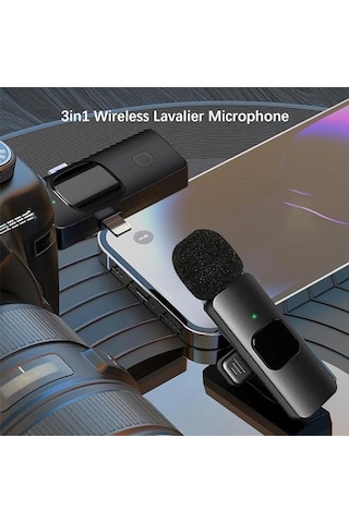 Kablosuz İkili Yaka Mikrofonu Apple iPhone İle Uyumlu 3.5mm Aux Apple iPhone Type-c Pc Tablet Video Kayıt Röportaj Canlı Yayın