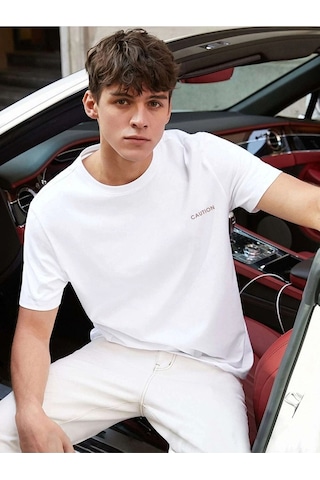 Erkek Siyah Oversize Caution Baskılı T-shirt Beyaz-65543