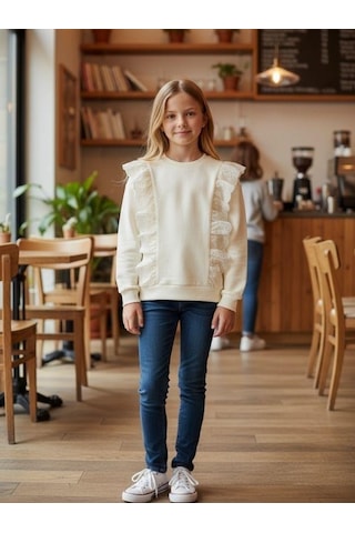 Kız Çocuk Pamuklu Dantel Detaylı Sweatshirt-16338 KREM