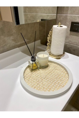 Rattan Hazeran Yuvarlak Tepsi Beyaz %100 Doğal Hazeran