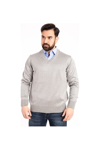 Nacar Store Erkek Gri İnce Yün Triko V Yaka Triko Kazak