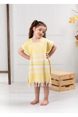 Çocuk 9-10 Yaş Bornoz Panço %100 Pamuk Plaj Havlusu Peştamal Sarı