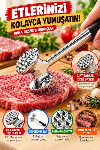 Çift Taraflı Metal Et Döveceği Et Yumuşatıcı Dişli Et Tokmağı Biftek Tavuk Şnitzel Dövme Aparatı 1 Adet