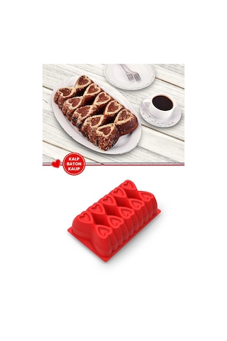 Kalp Desenli Risotto Silikon Baton Kek Kalıbı 26x16 Cm Kırmızı