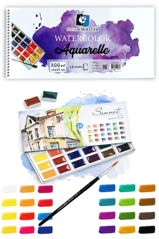 Alex Schoeller Aquarelle Sulu Boya Defteri 300gr 16x35cm 12yp Spiralli St. Petersburg Sonnet 24lü Tablet Karton Kutu Sulu Boya Set Karışık Renkli