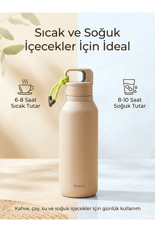 Çelik Termos 560 Ml Paslanmaz Çelik Çift Duvarlı Sızdırmaz Kapaklı Askılı Taşınabilir Sıcak Soğuk Termos - Bej