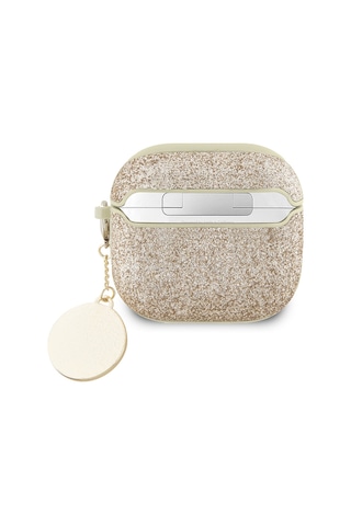 Apple Uyumlu AirPods 4 Kılıf Guess Lisanslı Glitter Elmas Kalp Zincirli Kılıf Gold