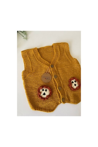 Adenya Sepeti El Örgüsü Aslan Figürlü Bebek Yeleği Handmade Kiremit Renk Detaylı Hardal