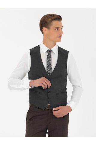 Cacharel Antrasit Slim Fit Yün Karışımlı Klasik Yelek Gri