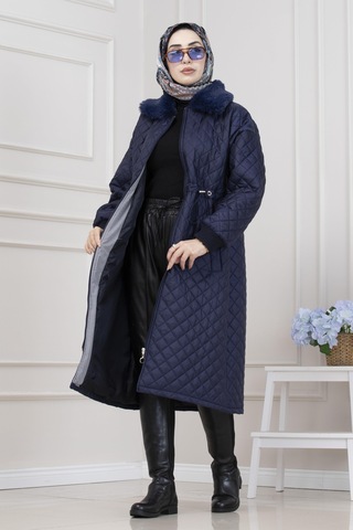 Yakası Kürklü Capitone Mont-lacivert-5564 Lacivert