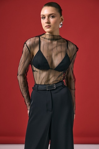 Ckm Moda Vaze Çizgili Transparan Bluz Siyah