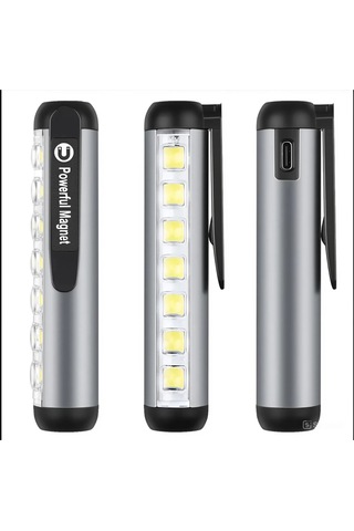 Mıknatıslı 4 Mod'lu 7 Led'li Mini El Feneri Şarjlı, Kamp Lambası Gece Aydınlatması Gri