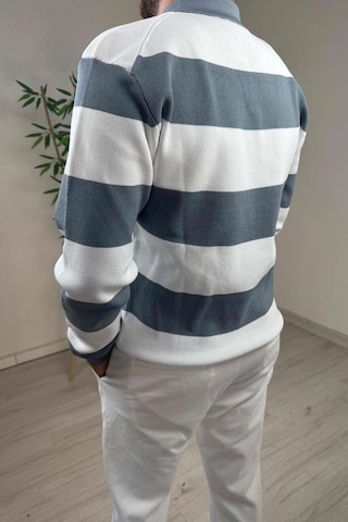 Explode - Erkek Mavi - Ekru Şerit Desenli Polo Yaka Oversize Triko Kazak Mavi