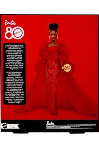 Barbie Mattel'in Özel 80. Doğum Günü Barbie Doll Simli Kırmızı Tül Elbise, Şeffaf Küpeli Ve Eldivenli İkonik Koleksiyon Bebek, Kahverengi, Jbj18 Esmer