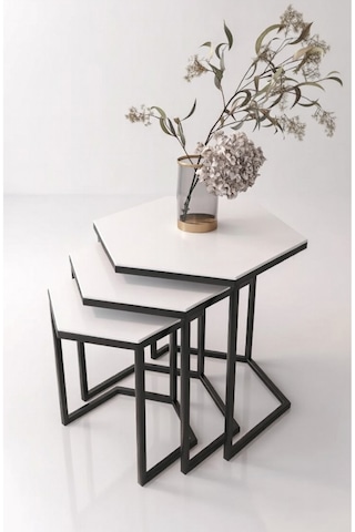 Usta Altıgen Siyah Metal Mdf Tablalı 3lü Zigon Sehpa Beyaz