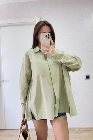 Defymoda Yakalı Yandan Yırtmaçlı Gömlek - Yeşil Yeşil