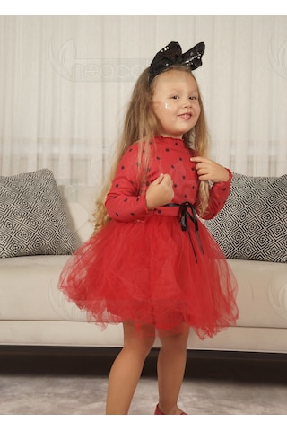 Puantiyeli Kız Çocuk Uzun Kollu Doğum Günü Ve Özel Günler İçin Tüllü Elbise Kırmızı