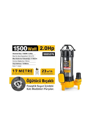 Sgs5376 - 17 Metre 2 Hp İnox Foseptik Dalgıç Pompa Parçalayıcı Öğütücü Bıçaklı 1500 Watt
