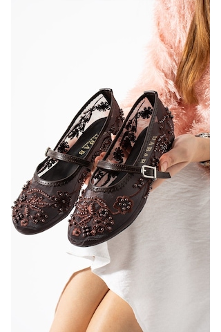 Dabab Shoes Flora Kadın Acı Kahve İnci İşlemeli Tül Dokulu Bantlı Babet Düz Ayakkabı Kahverengi